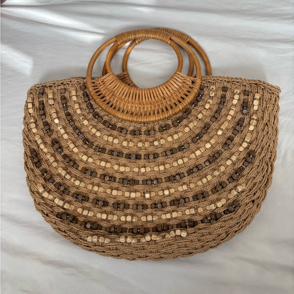 Woven Straw Purse with Wooden Handles